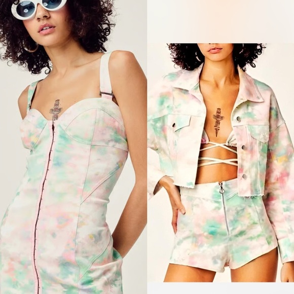 For Love & Lemons Smythe Tie-Dye Mini Dress & Delphine Tie Dye Crop Jacket SET - Picture 1 of 11